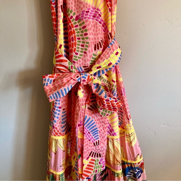 NEW FARM Rio Mixed Pink Prints Maxi Dress Fruit Tiered Crossback Belt Size L - Picture 9 of 16